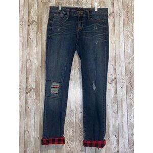 Women's SP Black Label Denim Blue Jeans Size 28 Red Plaid Patches Cuffs